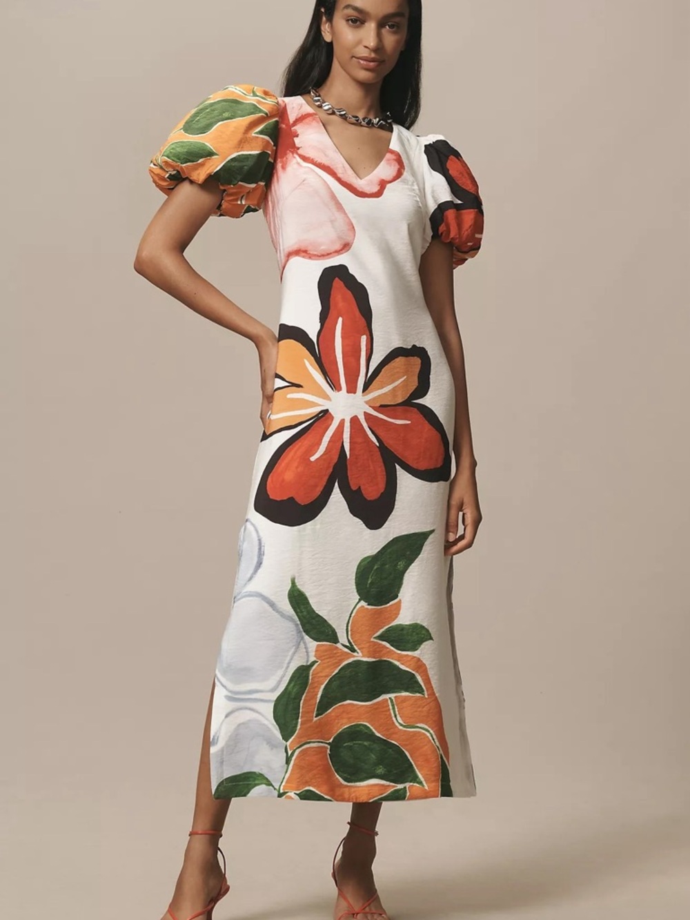 Anthropologie White Maxi Dress with Orange & Green Floral Prints